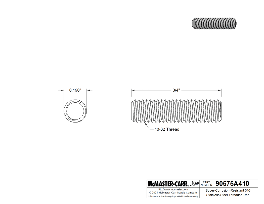 Technical Drawing of Super-Corrosion-Resistant 316 Stainless Steel Threaded Rod, 10-32 Thread Size, 3/4" Long.